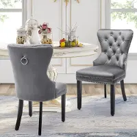 Sweiko Fluwelen eetkamerstoelen 2-delige set met eiken poten, knop, chroom klopper en spijkerkap Slaapkamer stoel Keuken stoel Woonkamer Lounge Leisure stoel, grijs