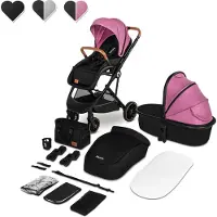 Lionelo Riya - Kinderwagen 2 in 1 - Wieg + Wandelwagen - 0-15kg - Opvouwbaar - XXL Zonnekap - Verstelbare Rugleuning - Grote PU Wielen - Accessoireset - Verstelbare Duwstang - Voor/achter Montage
