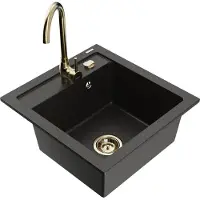 Mexen Vito granieten gootsteen met 1 kom en Telma keukenkraan, zwart/goud metallic - 6503-75-670200-50