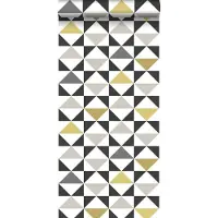 ESTAhome behang grafische driehoeken wit, zwart, grijs en okergeel - 53 cm x 10.05 m - 139095