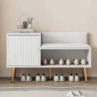 Sweiko Moderne luxe schoenenkast in wit met opbergruimte, gestoffeerde bank en rugleuning, schoenenrek met metalen handvatten en poten, perfect voor de entree, B100/T40/H58 cm