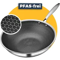 Pasper Wokpan Ø 28 cm - PFAS & PTFE vrij pan - Inductie, Elektrisch, Keramisch & Gas - RVS Honingraat Anti-Aanbakpan