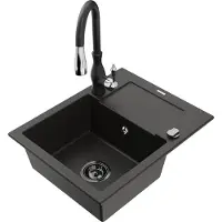 Mexen Enzo granieten gootsteen 1-komers met afdruiprek en keukenkraan Savita, zwart/goud metallic - 6506-75-672601-70-B