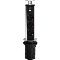 Emuca Inschuifbare multiconnector Vertikal, 3 stekkers en 2 USB, intrekbar, met Schouko-contacten, Kunststof, Metallic grijs
