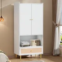 Sweiko Kledingkast - Rotan laden - Kledingstang - Metalen poten - 80x48x175 cm - Wit