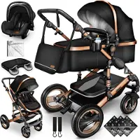 Kiduku KIDUKU- 3 in 1 combi-kinderwagen- zwart/goud- buggy incl. autostoeltje-regenhoes- inklapbaar