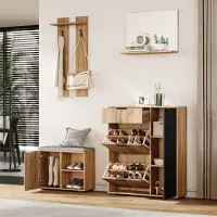 Sweiko Schoenenkast - Halmeubel - Wandkapstok - Met schoenenbank - Spiegel - Lades - Natuurlijke + Zwart