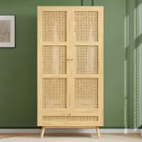 Sweiko Garderobe met paal, Dubbele Deurkast, Slaapkamer,Rotan gaas,Woonkamer, met bodemflip cover, spaanplaat+PE rotan,Houten kleur