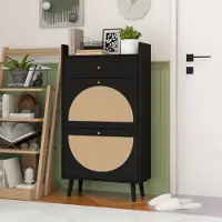 Sweiko Schoenenkast - 2 Rieten deuren - met Lade - Dubbele planken - Zonder achterwand - Zwart