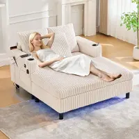 Sweiko Fauteuil - Met bekerhouder - USB-poort - LED-verlichting - Corduroy - Beige