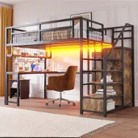 Sweiko Hoogslaper - 140 x 200 cm - met Kledingkast - Opbergplanken - Bureau - Metalen frame - Zwart