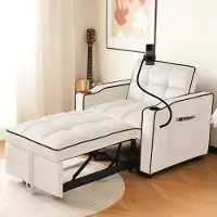 Sweiko Slaapbank - Uitschuifbaar - Bekerhouder + houder voor mobiele telefoon - Relaxfauteuil - Beige