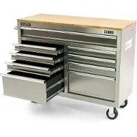 HBM verrijdbare gereedschapswagen met houten werkblad, 117 cm, RVS