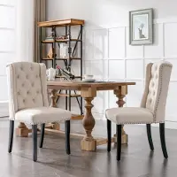 Sweiko Set van 2 Eetkamerstoel met eiken poten, knopen, chromen rand en spijkerafwerking, slaapstoel, beige