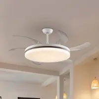 Schuller Valencia LED plafondventilator Vento wit/brons/transparant, Ø 150 cm stil Vento, dimbaar, helder / transparant, Woon-/ Eetkamer, metaal, Modern