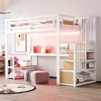 MODFU – Hoogslaper met Opbergladder en Bureau – 90x200 cm – Met Planken – Ruimtebesparend – Metaal – Wit