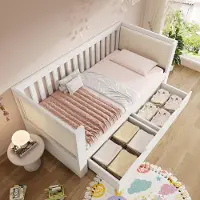 OKWISH uitschuifbare slaapbank 90x200 met matras, kinderbed met 2 lades en een rugleuning aan drie zijden, een eenpersoonsbed met lattenbodem, geschikt voor een kinderkamer, wit