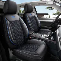 Auto Interieur Meester Autostoelhoezen voor Volkswagen Golf 8 2019 in pasvorm| Set van 2 stuks | Bestuurder + Passagiersstoel AIS Serie | AIS102 | Zwart met blauwe stiknaden