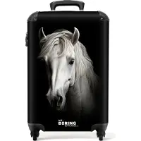 NoBoringSuitcases.com - Handbagage koffer lichtgewicht - Reiskoffer trolley - Wit paardenportret op zwarte achtergrond - Rolkoffer met wieltjes - Past binnen 55x40x20 en 55x35x25