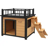 PawHut Hundehütte Hundehaus mit Balkon, Erhöhtes Kleintierhaus mit Treppe, Fenster, Hundehöhle für Kleine, Mittele Hunde, Tannenholz, Gelb, 121 x 77 x 78 cm