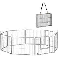 PawHut Welpenauslauf 60 cm Hoch, 8-TLG Hundelaufstall Welpenlaufstall mit Gurt und Tür, Freilaufgehege für kleine Hunde, Meerschweinchen, Kaninchen, Stahl, Silber