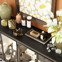 Laura Glazen Dressoir 2-Deurs met LED Verlichting 40 x 140 x 75 cm – Moderne Zwarte Vitrinekast met IJzeren Frame & Opbergruimte – Luxe Glazen Kast / Sideboard voor Woonkamer & Eetkamer –