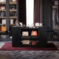 Laura Sieradencommode 153x60x84 cm met sintersteen blad, glazen top, 4 laden, 4 deuren en opbergplanken – Luxe inloopkast eiland & slaapkamer kast zwart –