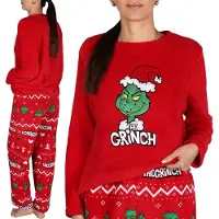 Sarcia.eu Grinch Kerstmis, rode, tweedelige pyjama voor dames, WARME POLAR pyjama met lange mouwen S