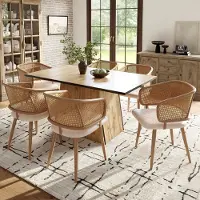 STILVORA Eetkamerstoel – Set Van 6 – Met Rotan Rugleuning & PU-Leren Zitting – Voor Eetkamer En Café – Beige Bruin
