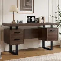 OKWISH Bureau – Modern Minimalistisch – 2 Lades + Mapvak – Werkblad 135×54 cm – 4 cm Dik MDF – MDF+Metaal Bruin+Zwart – Stalen Frame