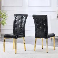OKWISH Eetkamerstoel – Retro Krokodilreliëf En Kristalgesp – Set Van 2 – Metaal En PVC – Zwart En Goud – Waterafstotend