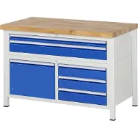 RAU Werkbank serie 8922, 5 schuifladen, 2 legborden met deur, in hoogte verstelbaar, B 1250 x D 700 x H