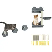 PawHut Katzen Kletterwand, 4-teilig, Katzenkletterwand, inkl. 1 x Sprungturm, 3 x Kratzbäume, Kletterwand Set, Kratzbaum mit Hängematte, Wandliege Katzen, Katzentreppe, Sisal, Grau+Beige