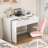 MODFU Uitschuifbaar Bureau – 2-in-1 met Ladeblok & Wielen – Flexibel Opvouwbaar – Bureau met Opbergruimte voor Thuiswerken – Spaanplaat – Wit – 110 x 40 x 78 cm