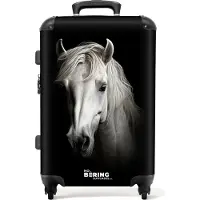 NoBoringSuitcases.com - Koffer groot - Rolkoffer lichtgewicht - Wit paardenportret op zwarte achtergrond - Reiskoffer met 4 wielen - Grote trolley XL - 20 kg bagage