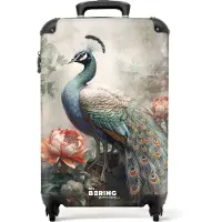 NoBoringSuitcases.com - Handbagage koffer lichtgewicht - Reiskoffer trolley - Pauw met kleurrijke veren midden in de jungle - Rolkoffer met wieltjes - Past binnen 55x40x20 en 55x35x25