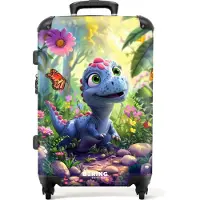 NoBoringSuitcases.com - Kinderkoffer groot - Kindertrolley koffer - Jonge dino tussen kleurrijke bloemen - Rolkoffer lichtgewicht - Reiskoffer met 4 wielen - Grote trolley XL - 20 kg bagage