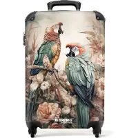 NoBoringSuitcases.com - Handbagage koffer lichtgewicht - Reiskoffer trolley - Twee papegaaien op een tak omringd door bloemen - Rolkoffer met wieltjes - Past binnen 55x40x20 en 55x35x25