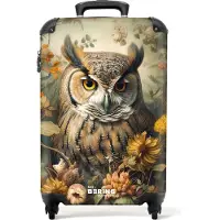 NoBoringSuitcases.com - Handbagage koffer lichtgewicht - Reiskoffer trolley - Portret van een uil tussen gele en oranje bloemen - Rolkoffer met wieltjes - Past binnen 55x40x20 en 55x35x25
