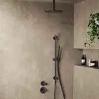 Saniclear Uni inbouw regendouche 25cm mat zwart met plafondarm, glijstang en staafhanddouche