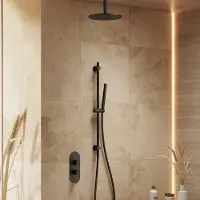Saniclear Oval inbouw regendouche 25cm mat zwart met plafondarm, glijstang en staafhanddouche