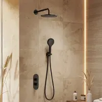 Saniclear Oval inbouw regendouche 25cm mat zwart met wandarm en 3 standen handdouche