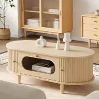 OKWISH Salontafel - Met Lade En Rolluikdeuren - Woonkamer En Balkon - MDF Eikenkleur Met Glazen Ladefront - 100×50×36 Cm