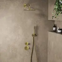 Saniclear Uni inbouw regendouche 25cm geborsteld messing PVD met wandarm en staafhanddouche