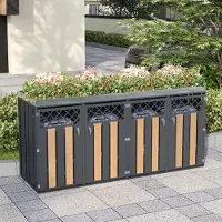 OKWISH Mülltonnenbox - 4 Vakken Met Slot - Met Plantenbak Bovenop - Ventilatierooster Ruitvorm - Staal Grijs Houtlook