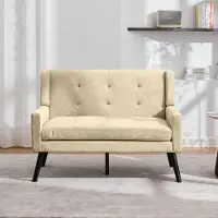 MODFU - 2-Zits Zitbank - Linnen Bekleding En Antislip Massief Houten Poten - Minimalistisch - Woonkamer - Beige