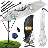 Kesser Zweefparasol ⌀350cm met LED Solar Verlichting en voet - Parasol 360° Incl. Beschermhoes
