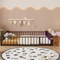 OKWISH Metalen Kinderbed 140x200 cm - Met Veiligheidshek en Open Opbergruimte - Met Ledverlichting - Zonder Matras - Zwart