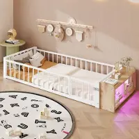 STILVORA Kinderbed 90x200 cm – Met Beschermhekje & Ledverlichting – Open Opbergvak – Zonder matras – Metaal – Wit