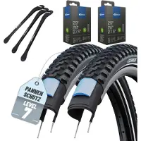 Schwalbe 2-delige Set Schwalbe Fietsbanden Marathon Plus MTB 29 inch x 2,25 (57-622) buitenband + Auto/Schrader ventiel binnenband en 3 metalen bandenlichters voor eenvoudige wisseling van banden